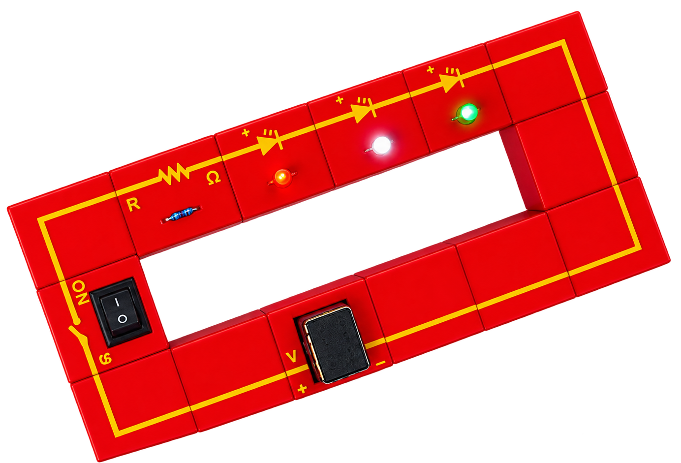 An assembled CUBIRX circuit with magnetic cubes connected in a working loop.