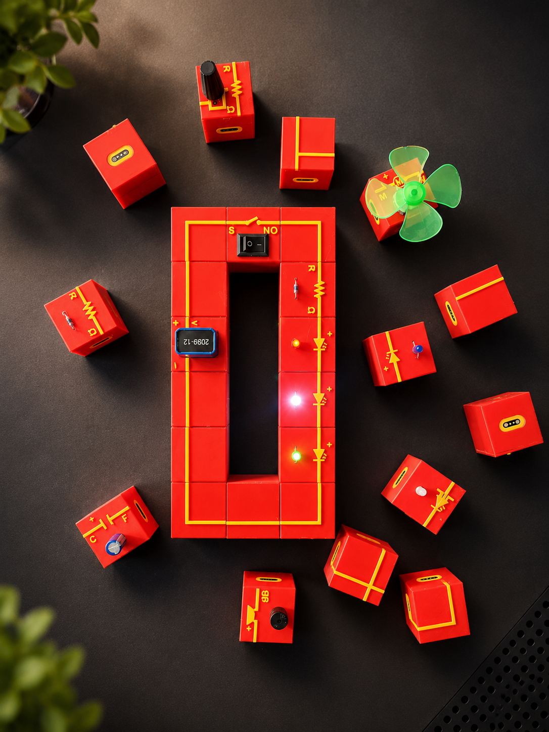 A spread of individual CUBIRX cubes, including resistor, capacitor, LED, motor, buzzer, switch, and battery cubes, arranged around a lit-up assembled circuit.